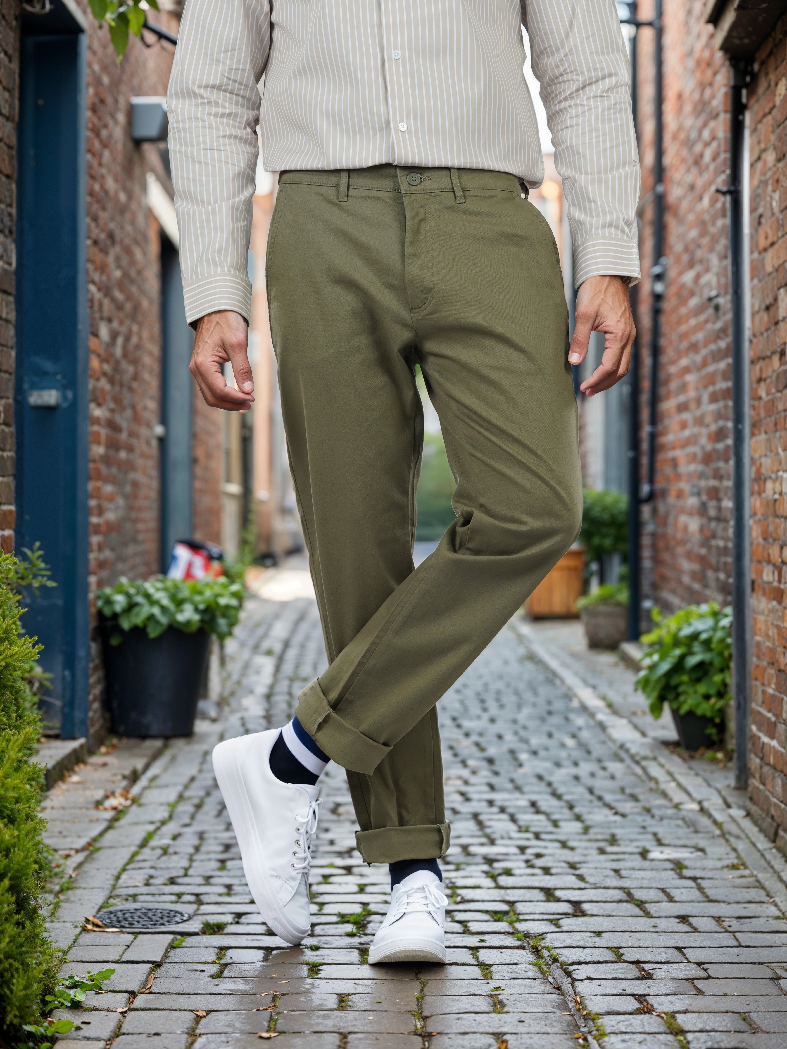 Olive Cotton Blend Slim Fit Trousers