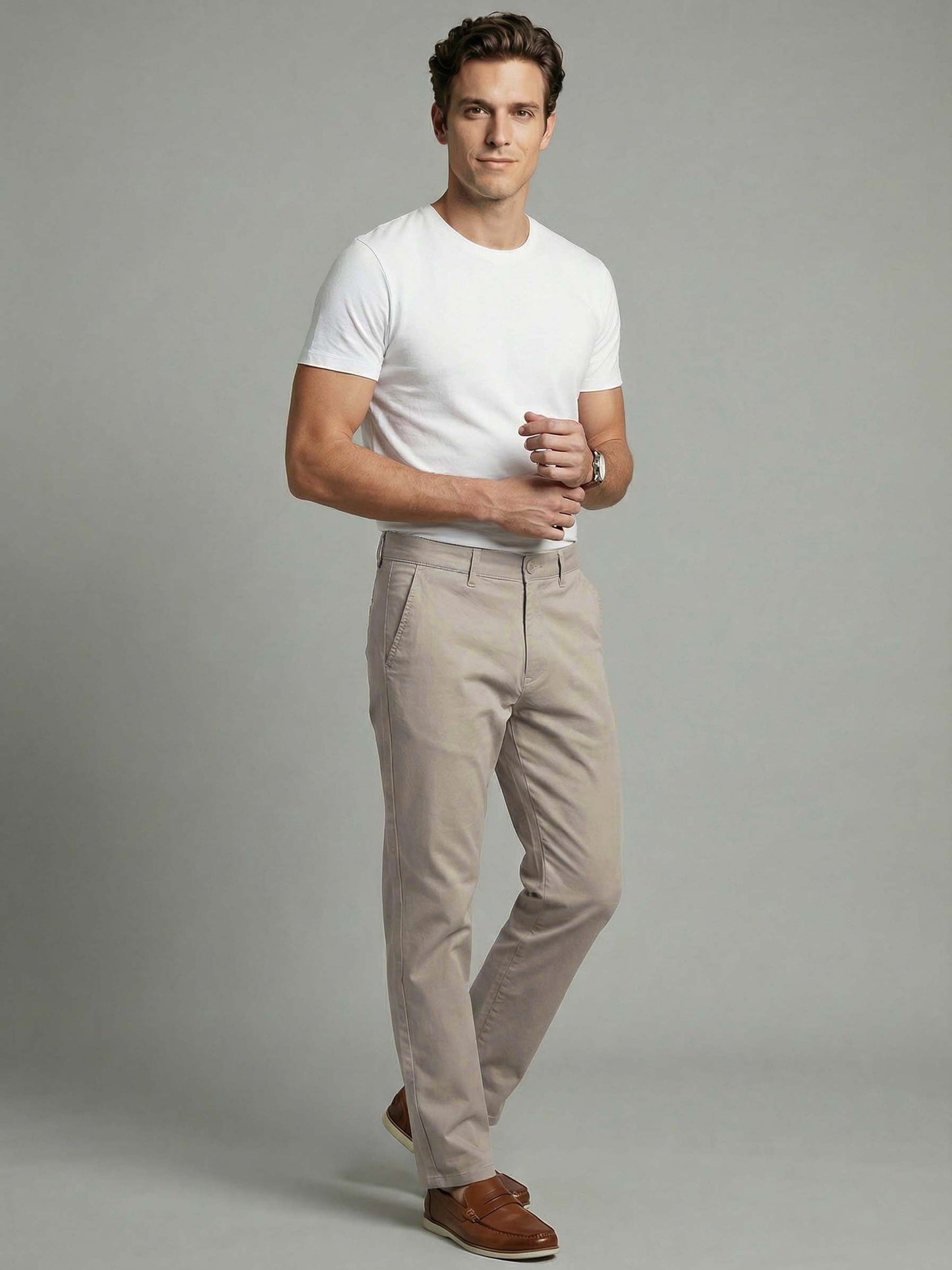 Celio* Men Beige Solid Straight Fit Cotton Trousers