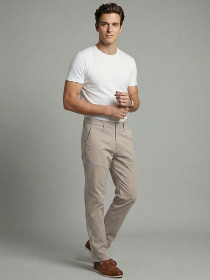 Celio* Men Beige Solid Straight Fit Cotton Trousers