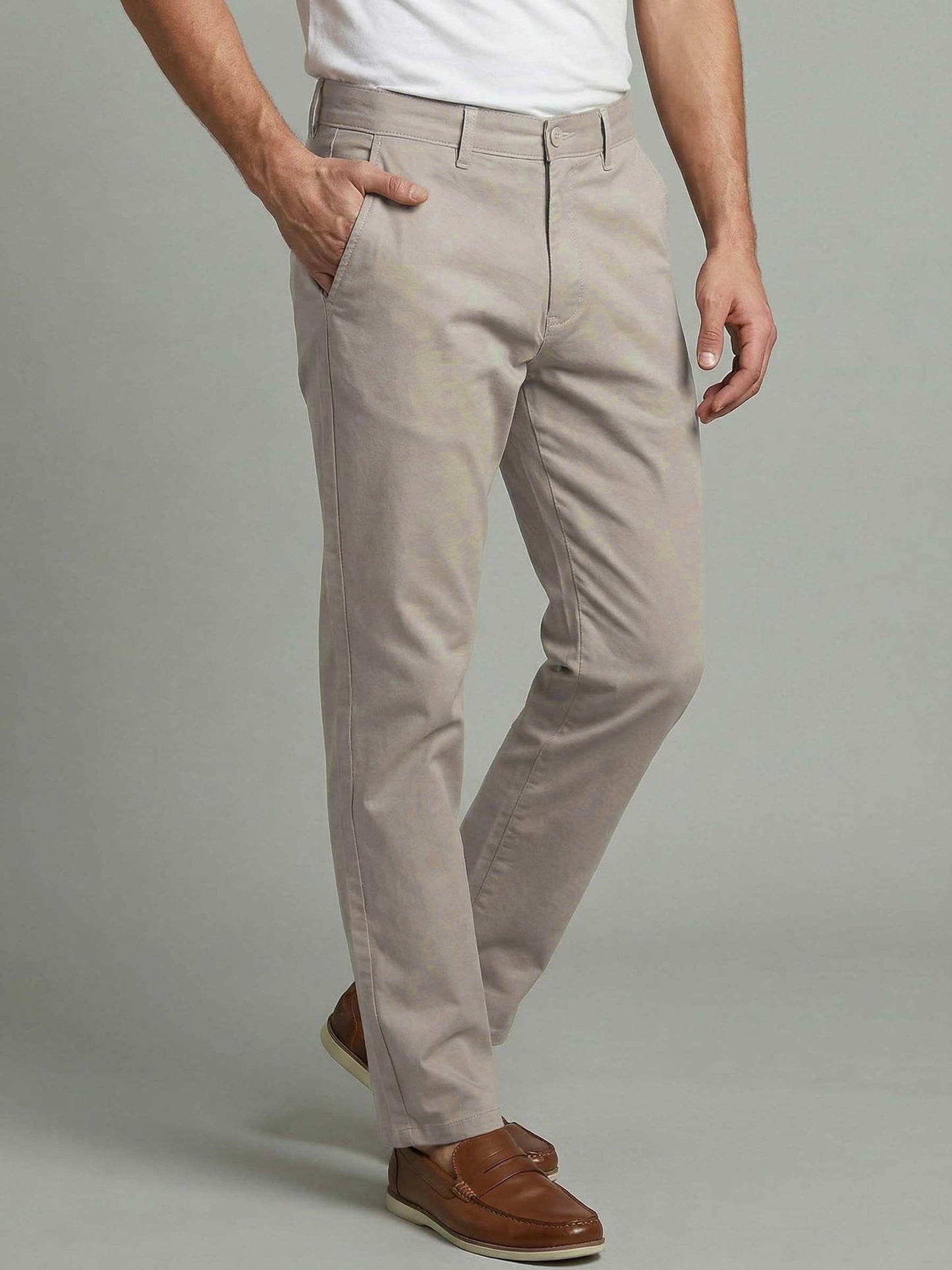 Celio* Men Beige Solid Straight Fit Cotton Trousers