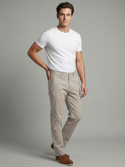 Celio* Men Beige Solid Straight Fit Cotton Trousers