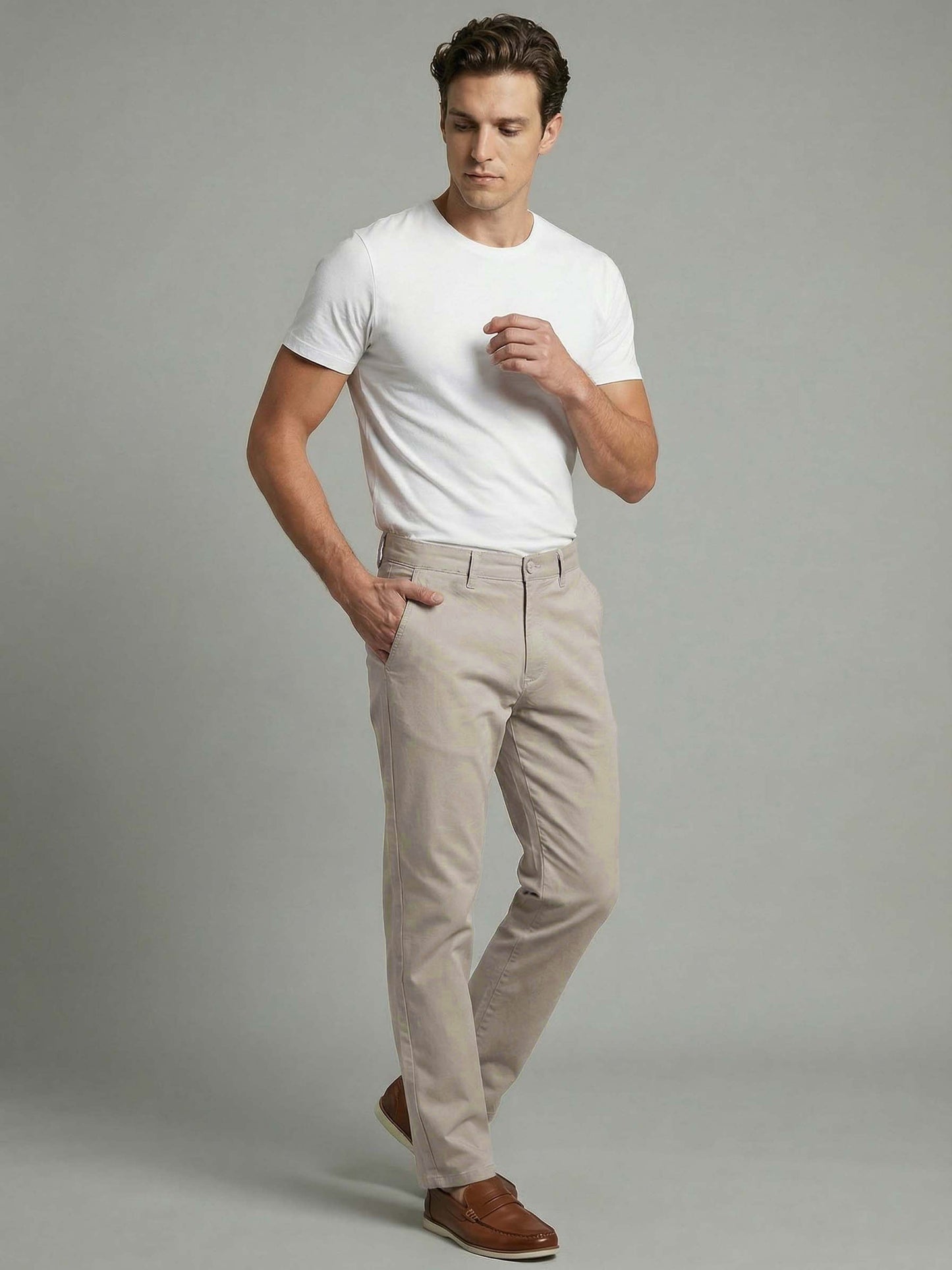 Celio* Men Beige Solid Straight Fit Cotton Trousers