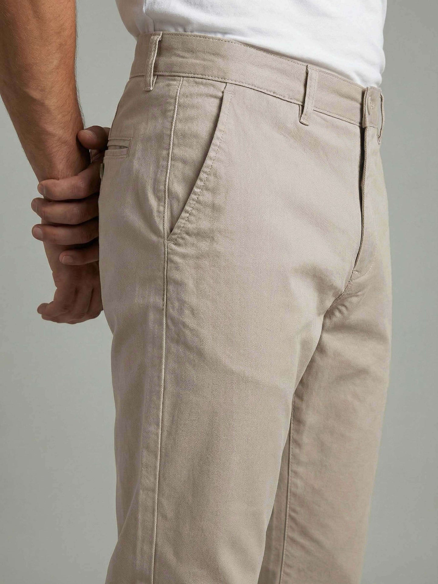 Celio* Men Beige Solid Straight Fit Cotton Trousers