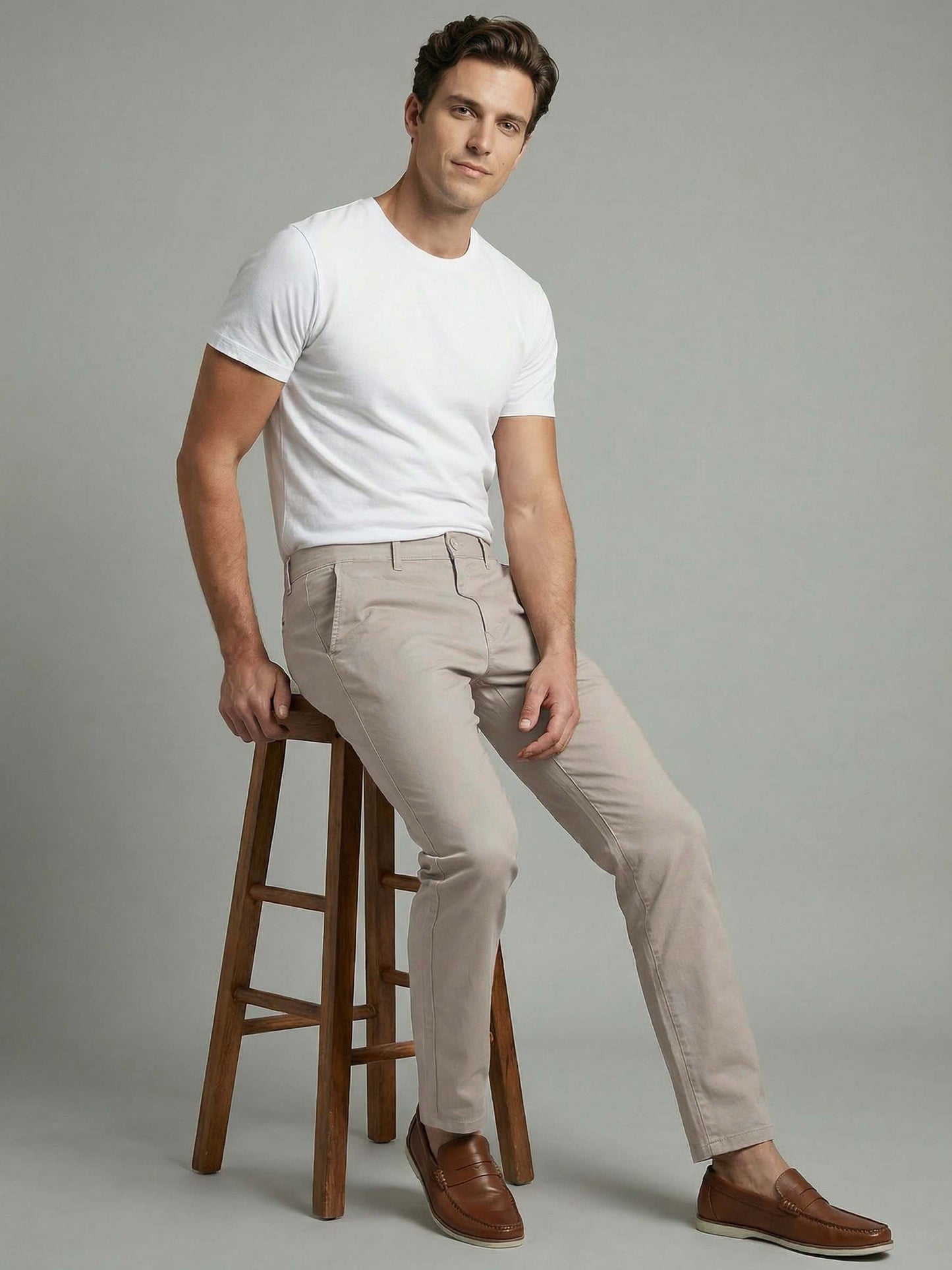 Celio* Men Beige Solid Straight Fit Cotton Trousers