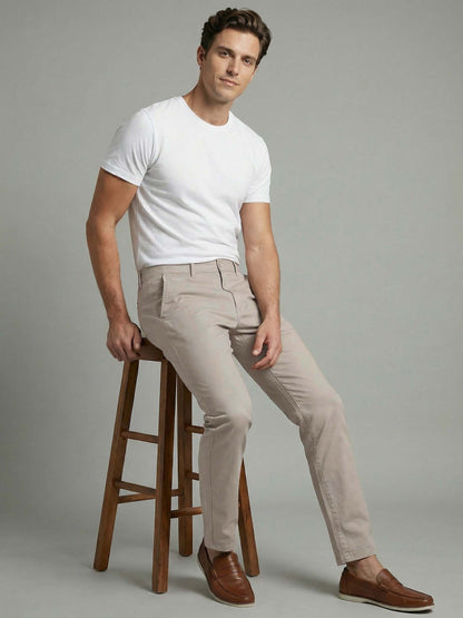 Celio* Men Beige Solid Straight Fit Cotton Trousers