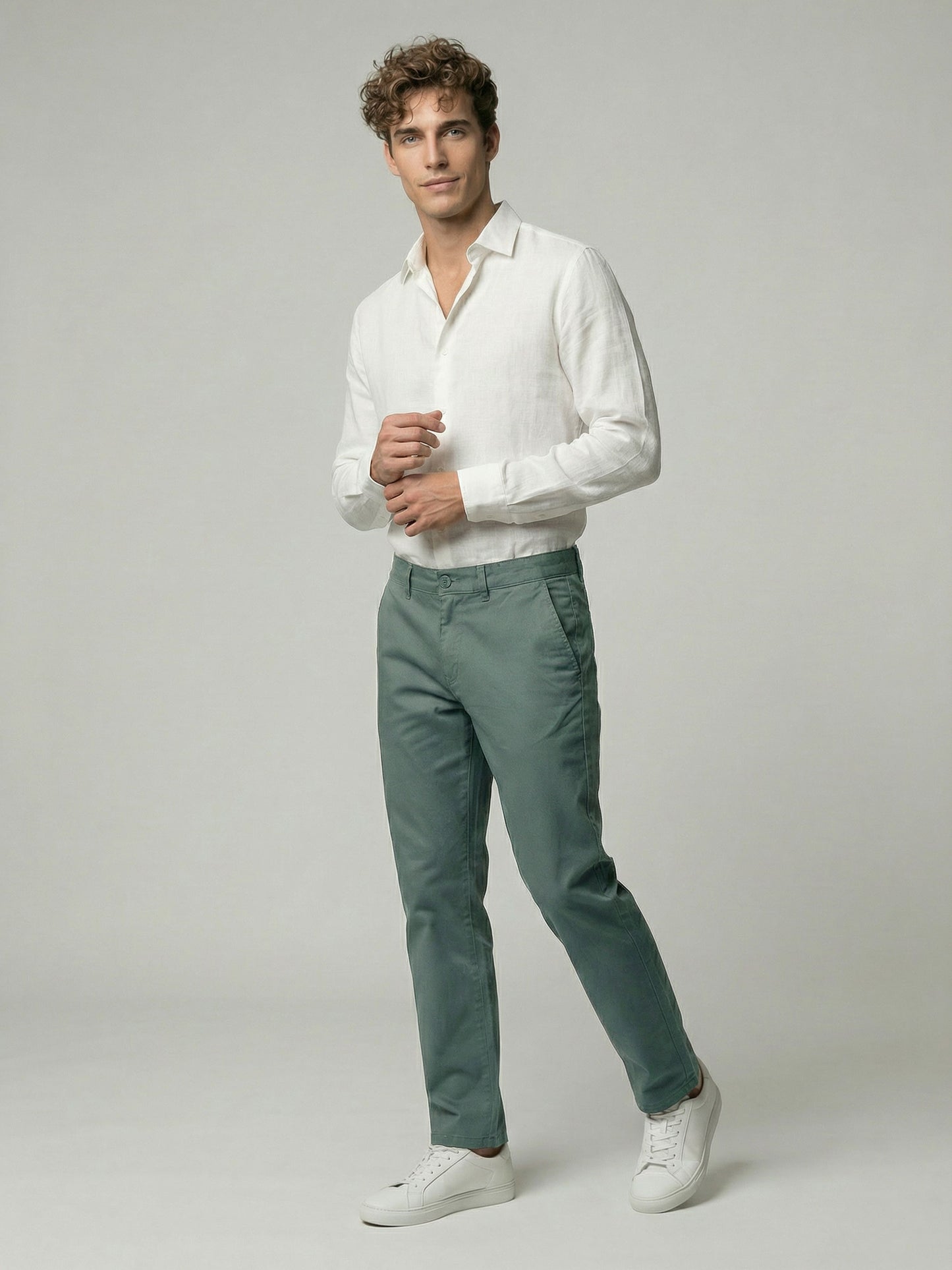 Celio* Men Green Solid Straight Fit Cotton Trousers