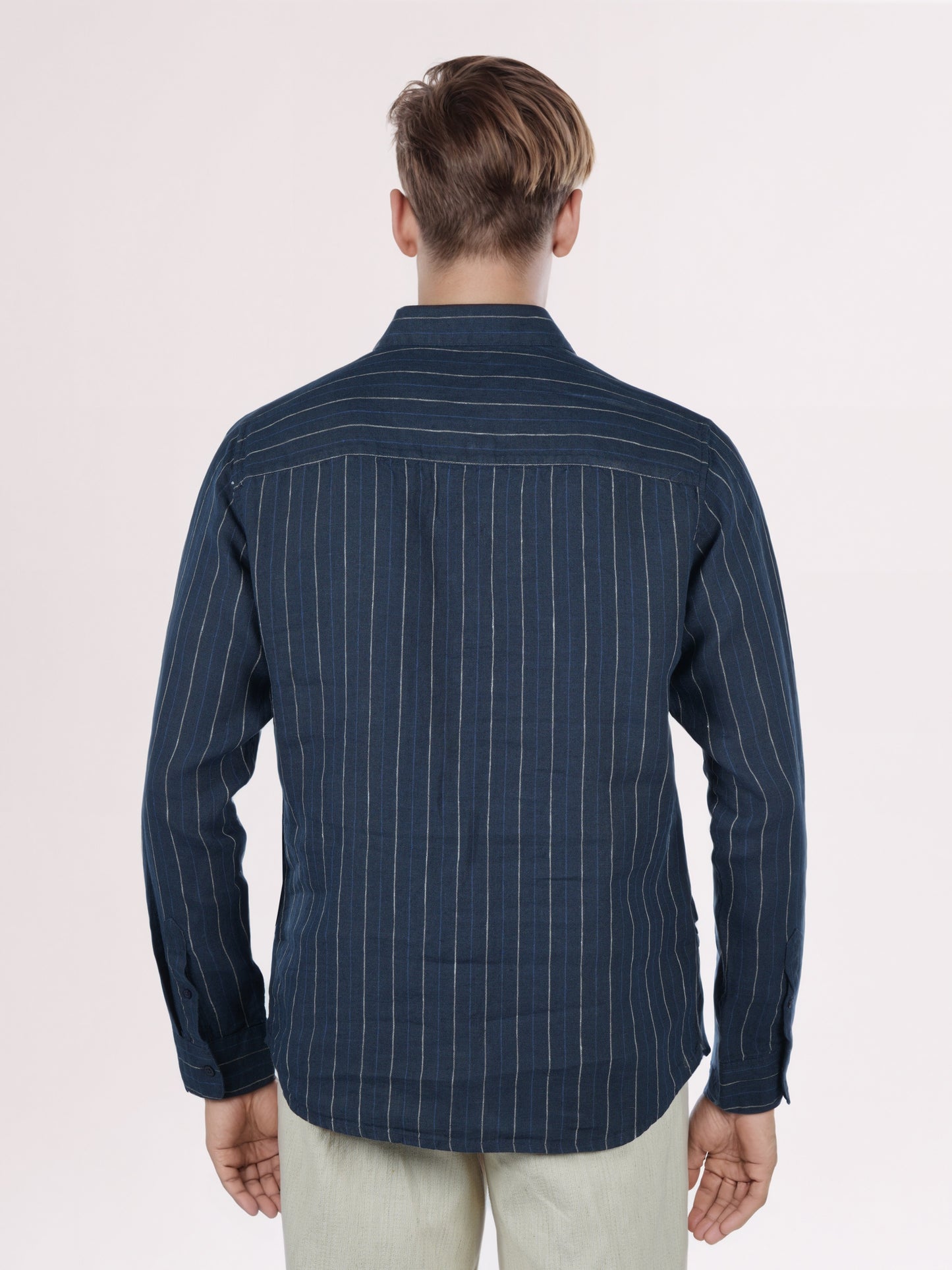 Celio* Men Navy Blue Striped Regular Fit Linen Shirts