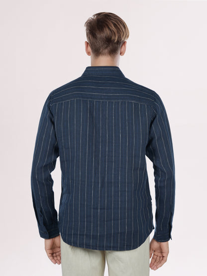 Celio* Men Navy Blue Striped Regular Fit Linen Shirts