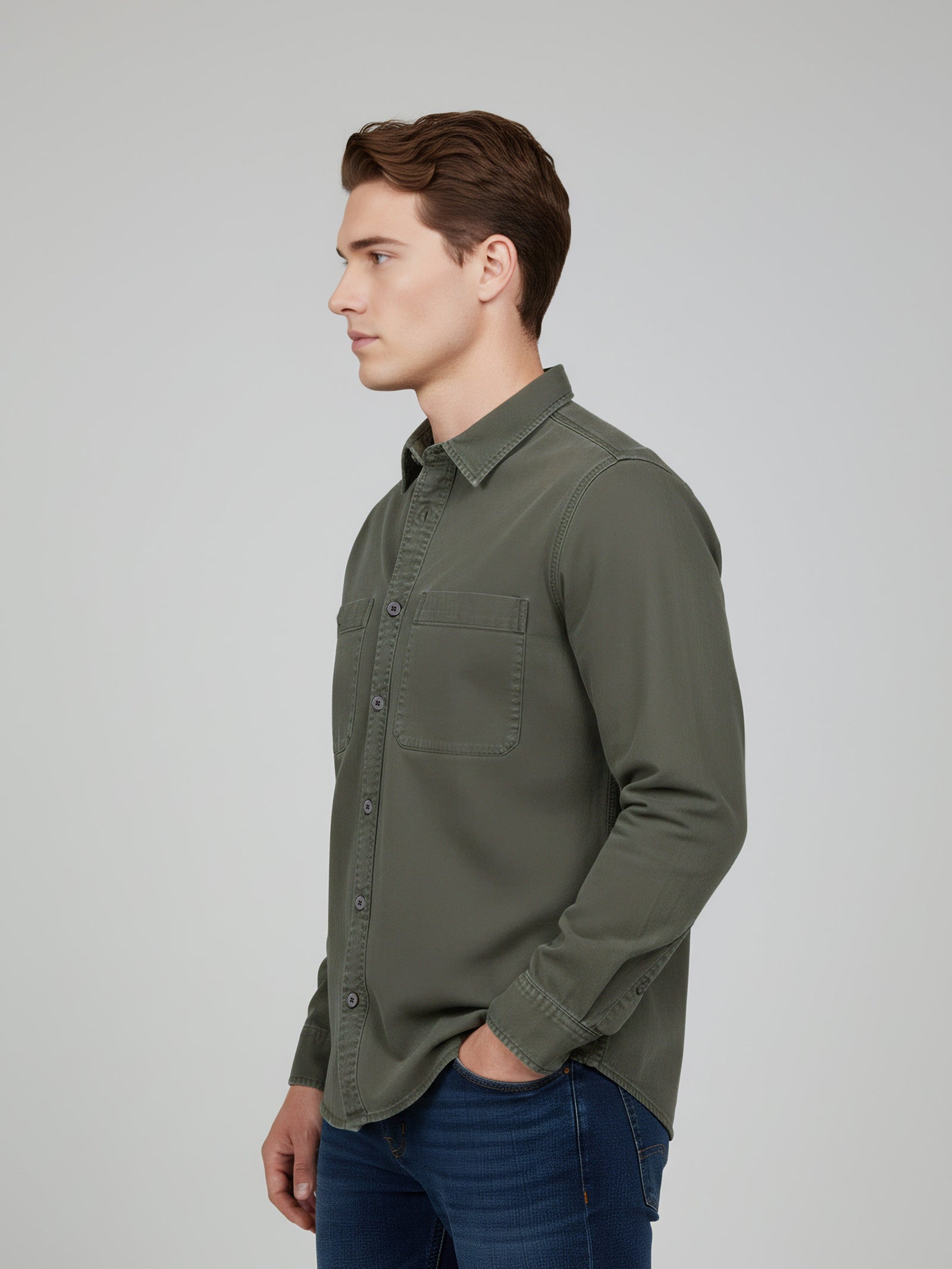 Celio* Men Olive Overshirt Solid Cotton Shirts