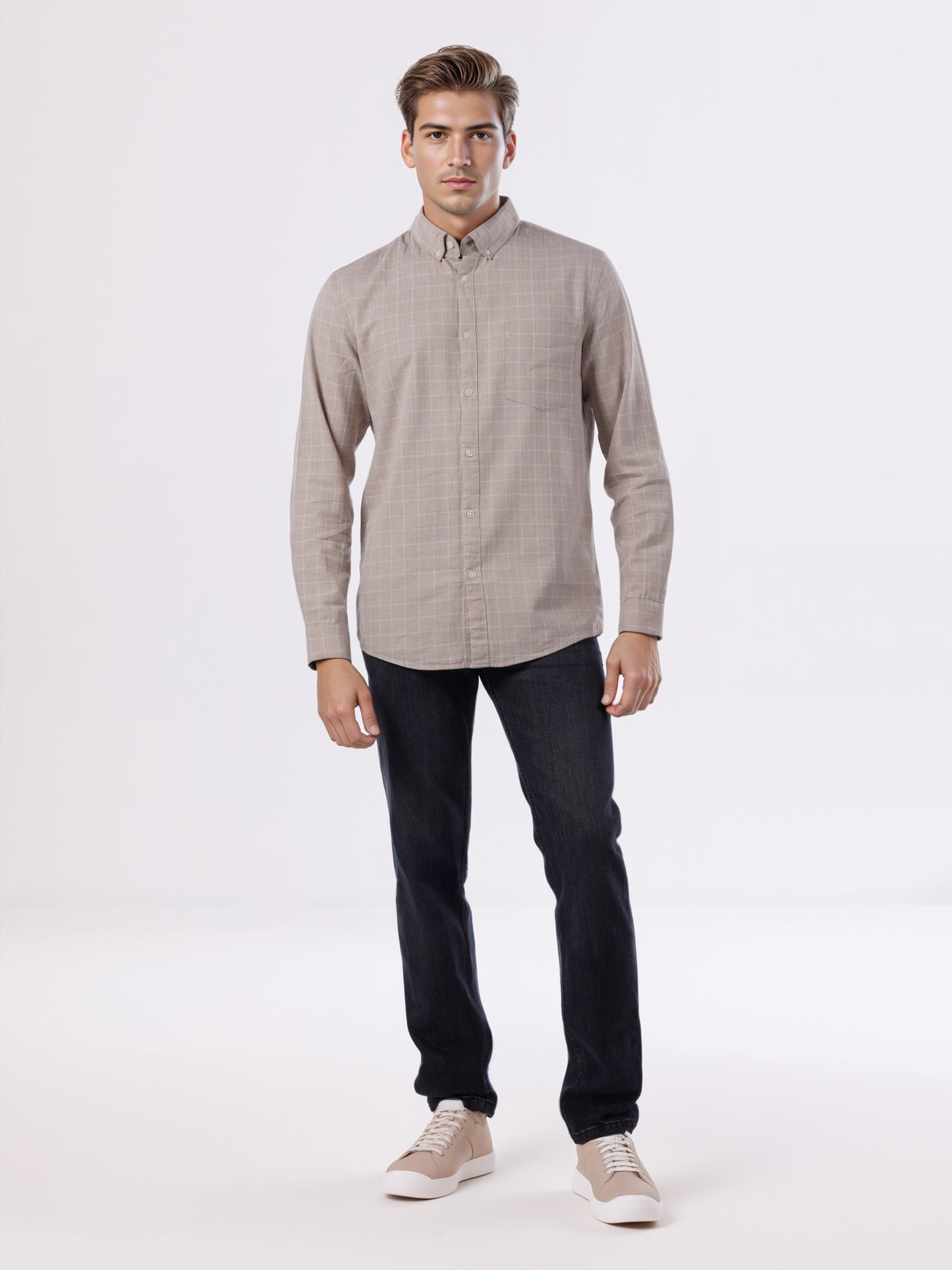 Celio* Men Beige Checked Regular Fit Cotton Shirts