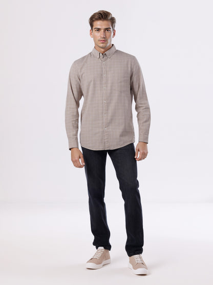 Celio* Men Beige Checked Regular Fit Cotton Shirts