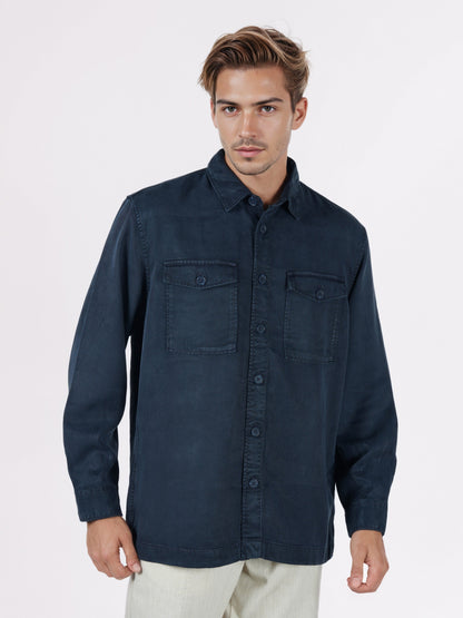 Celio* Men Navy Blue Solid Overshirt Cotton-Tencel-Blend Shirts