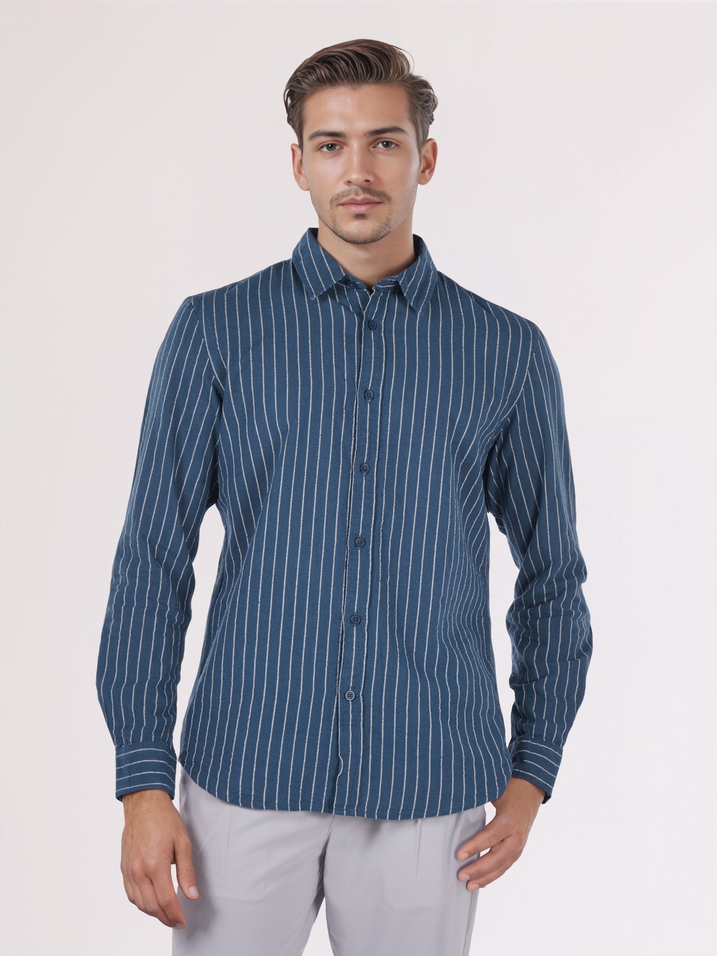 Celio* Men Blue Striped Regular Fit Cotton Shirts