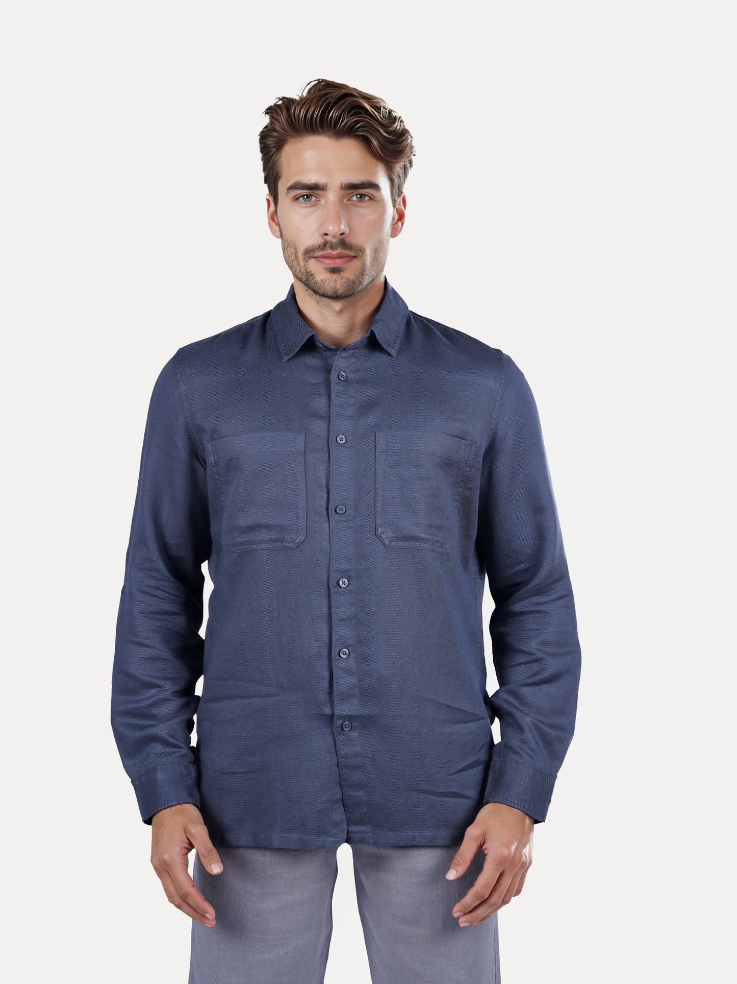Celio* Solid Overshirt Linen-Blend Navy Blue Shirt
