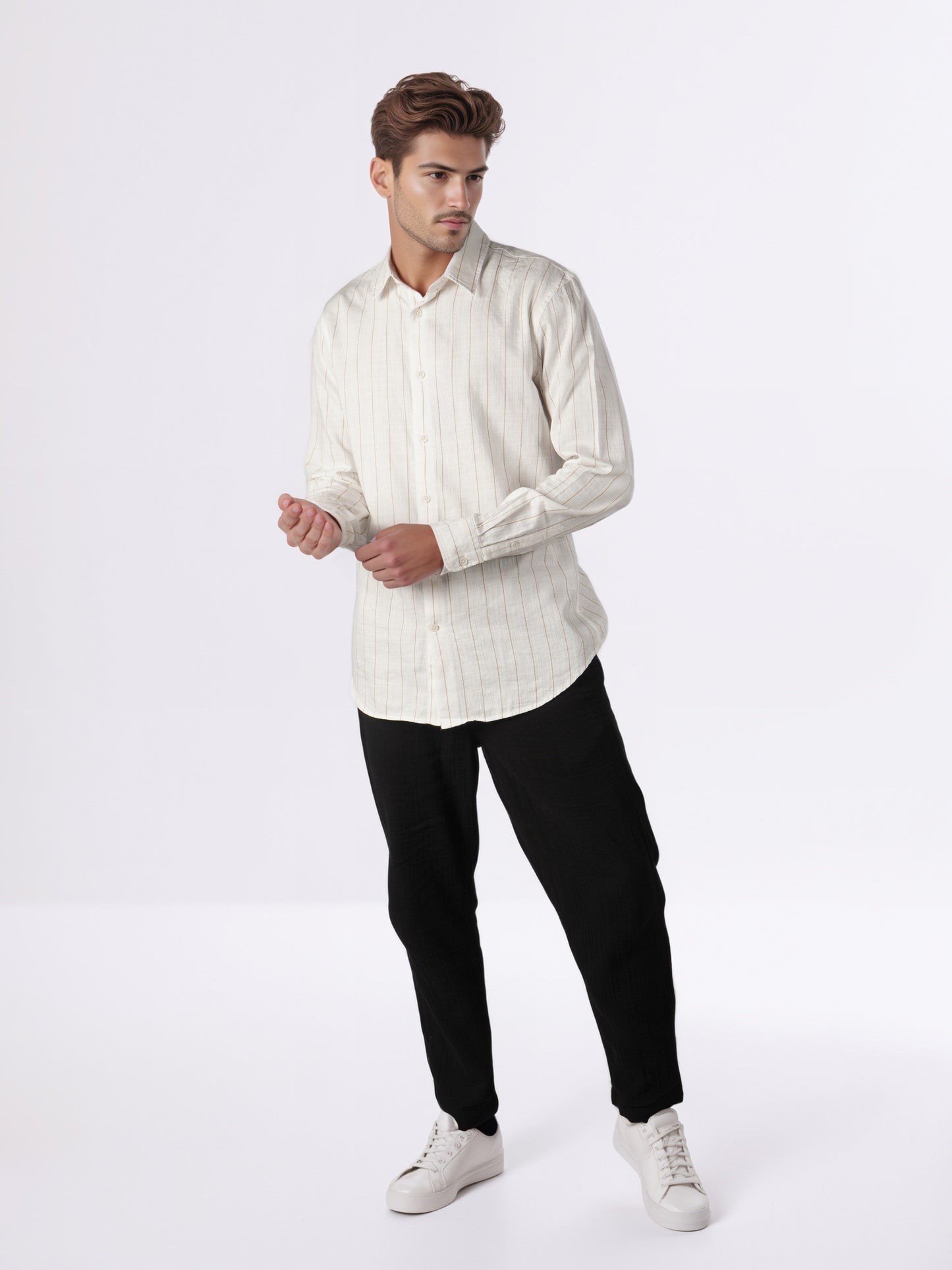Celio* Men Off White Striped Regular Fit Cotton Shirts