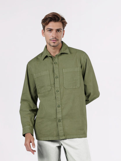 Celio* Men Olive Solid Overshirt Cotton Shirts