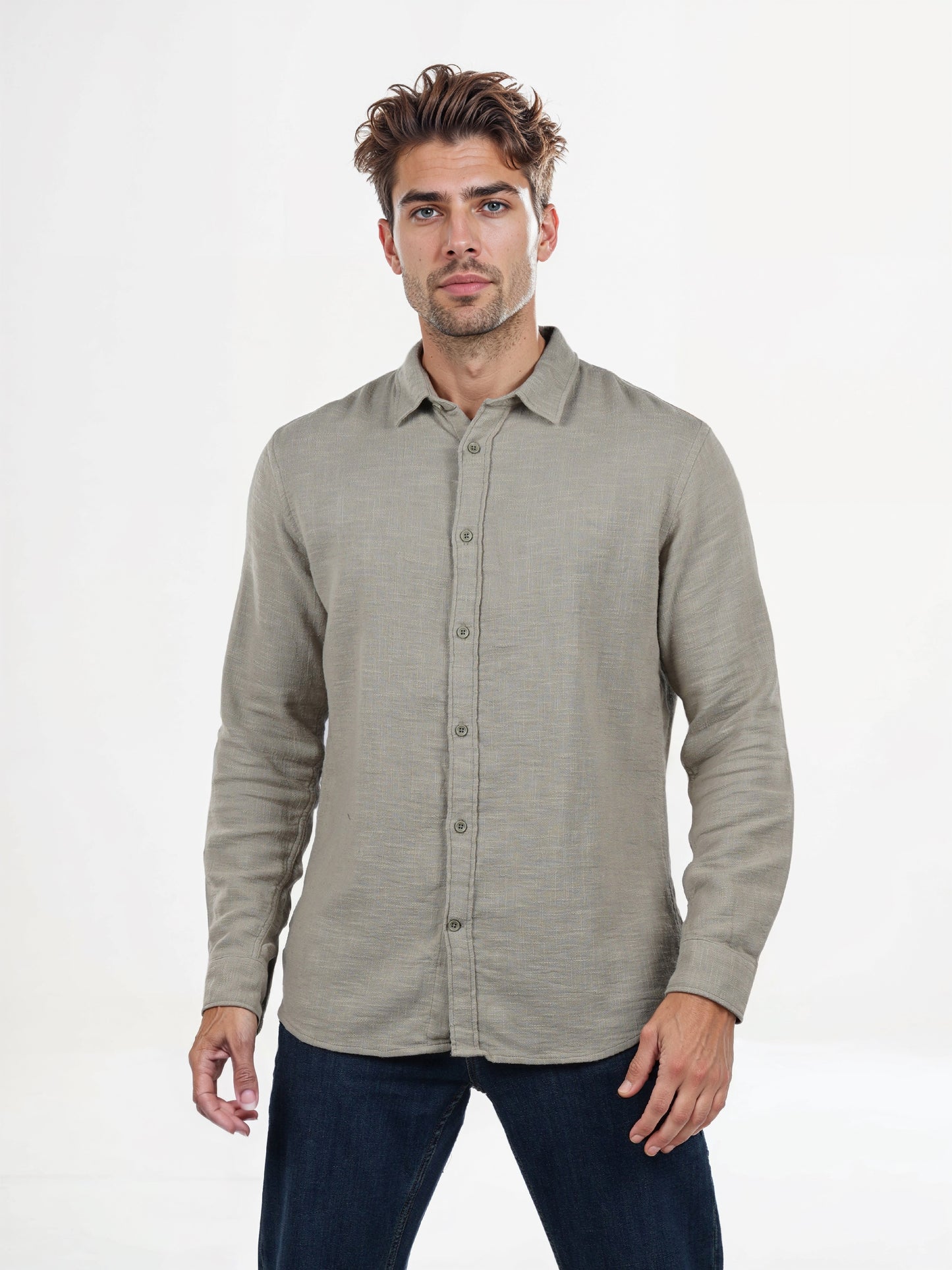 Celio* Solid Regular Fit Cotton Olive Shirts