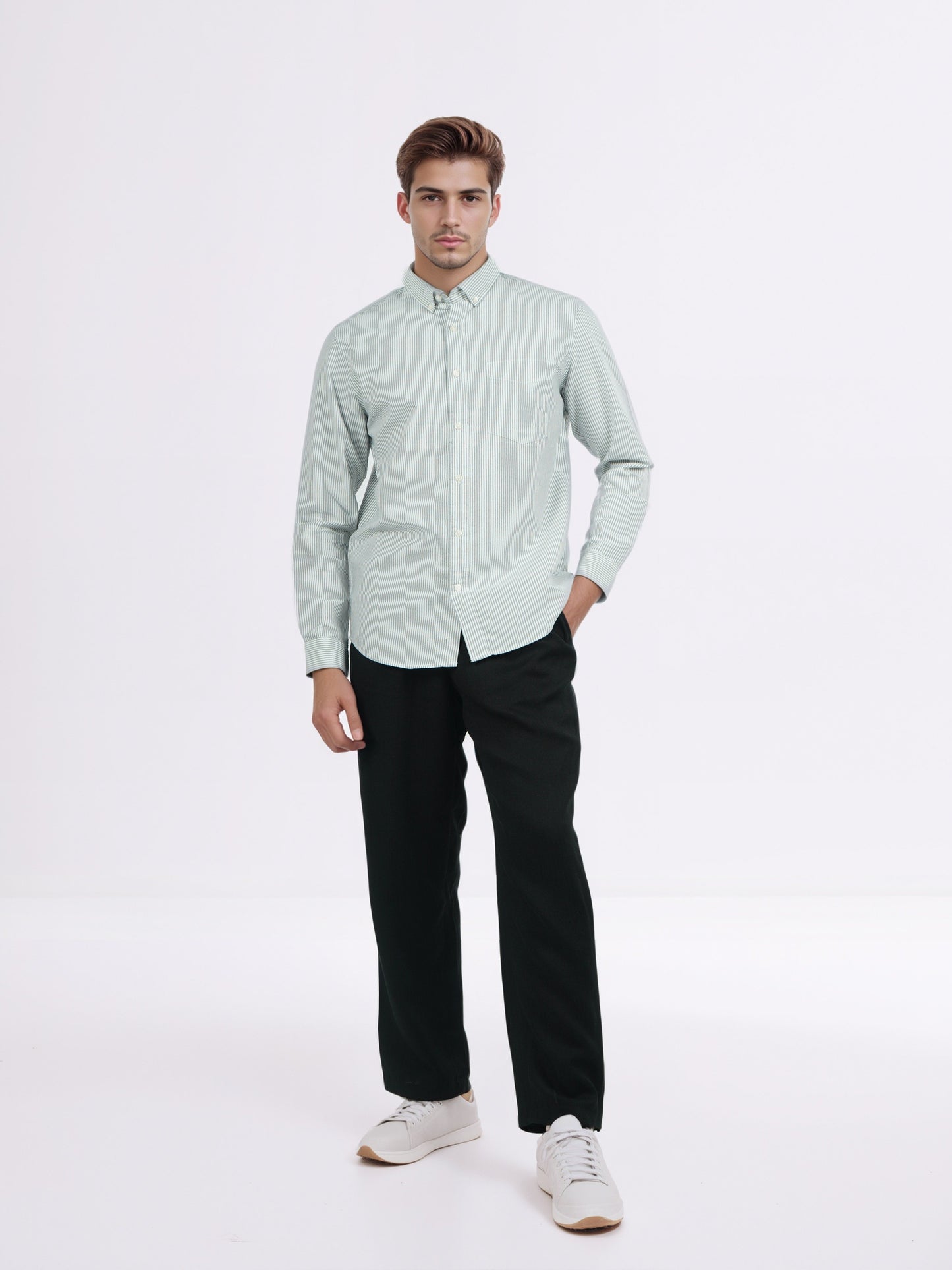 Celio* Men Green Striped Regular Fit Cotton Shirts