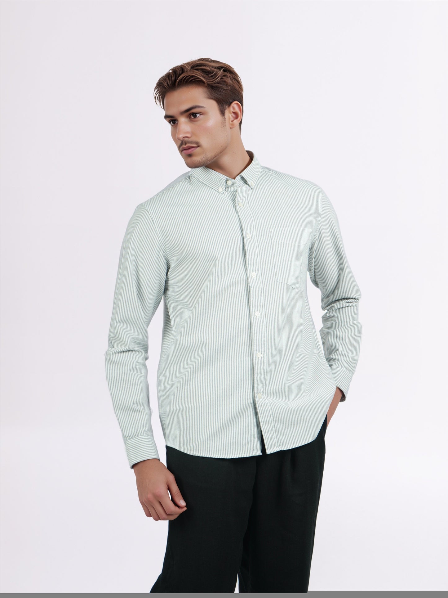 Celio* Men Green Striped Regular Fit Cotton Shirts