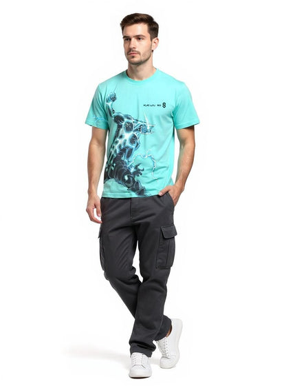 Celio* Men Turquoise Blue Printed Oversized Cotton Kaiju T-Shirt