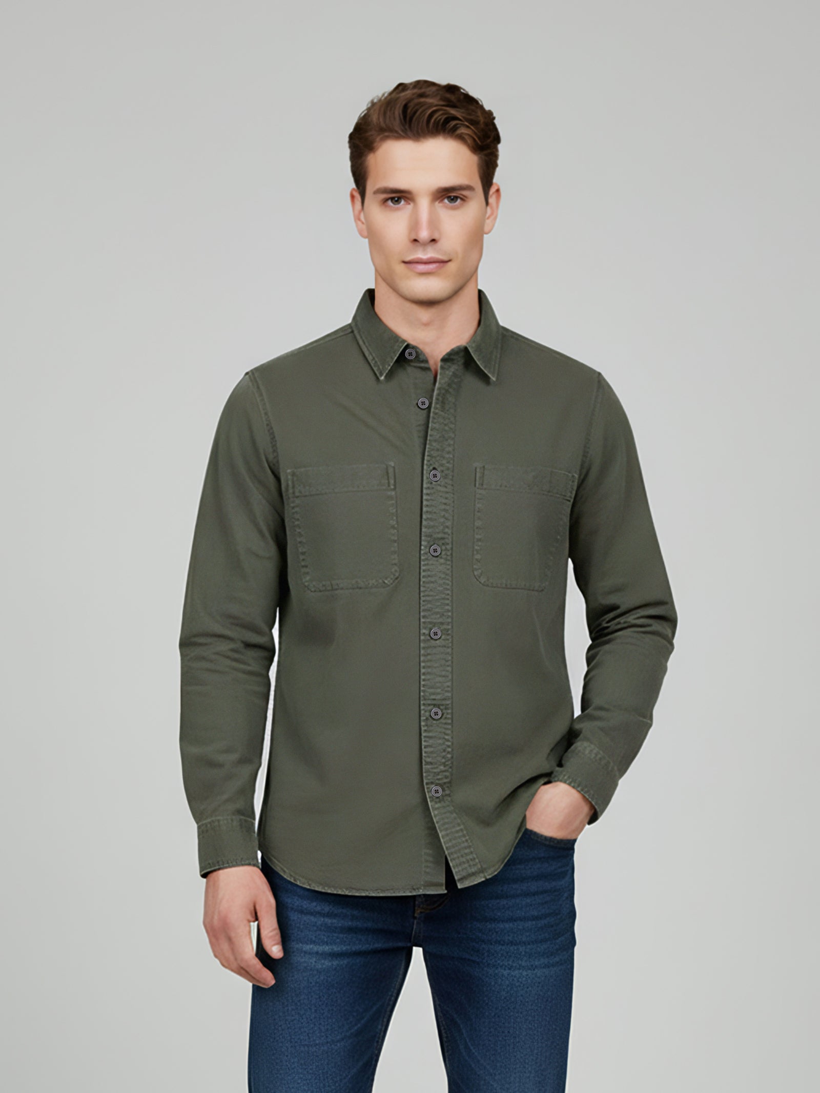 Celio* Men Olive Overshirt Solid Cotton Shirts