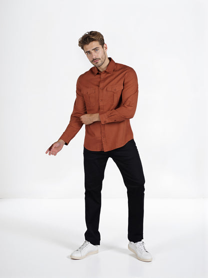 Celio* Solid Regular Fit Cotton-Linen Orange Shirt