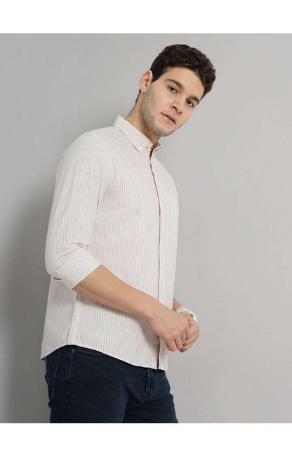 Celio* Striped Regular Fit Cotton Beige Shirt