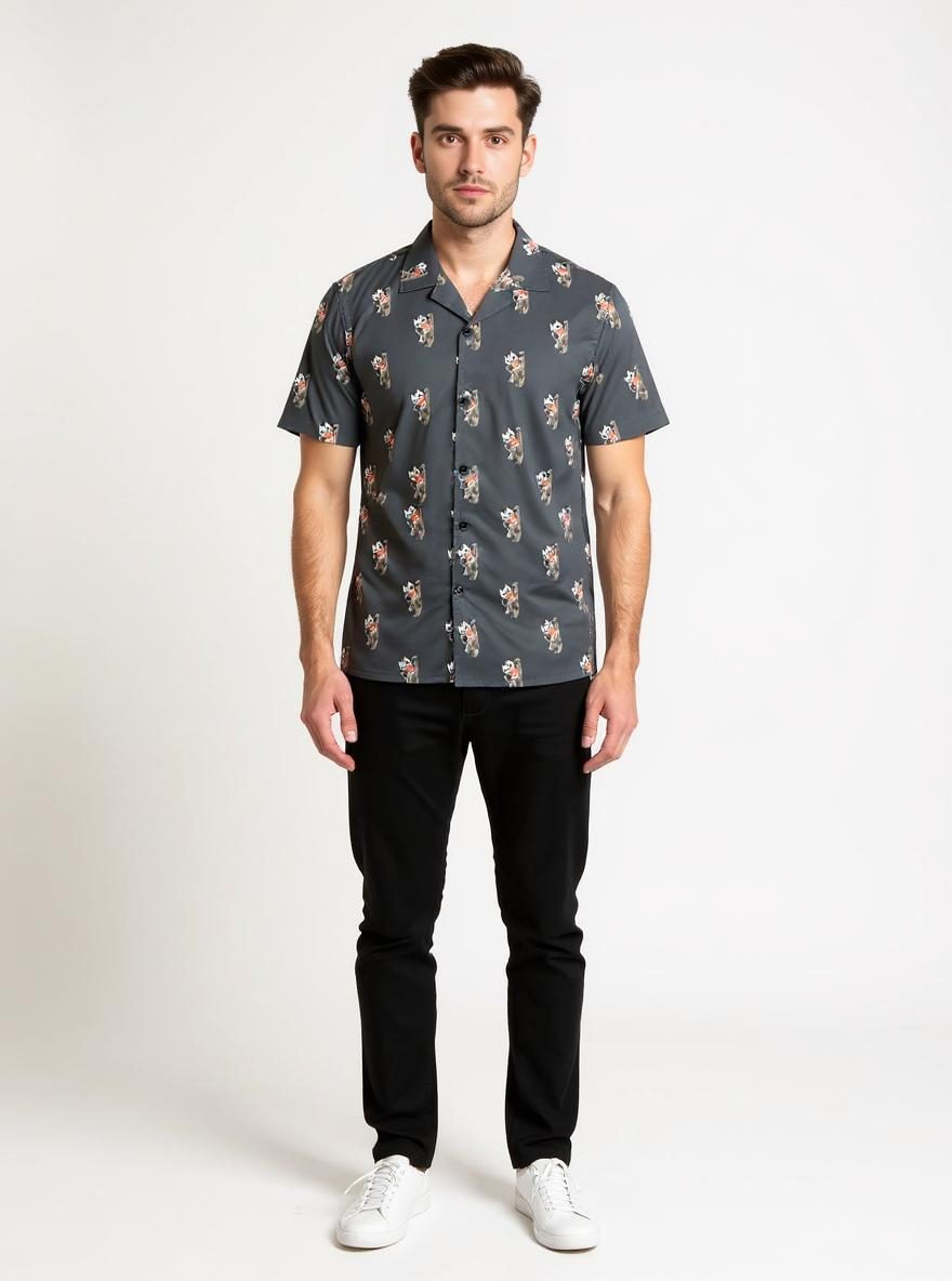 Celio* Men Black Printed Regular Fit Cotton Kaiju Shirt