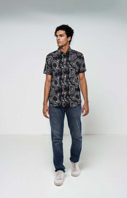 Celio* Printed Regular Fit Viscose Black Shirt