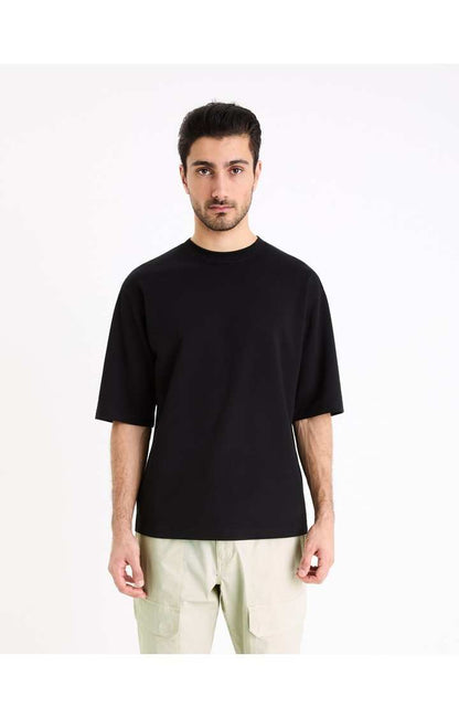 Celio* Solid Oversized Cotton Black T-Shirt