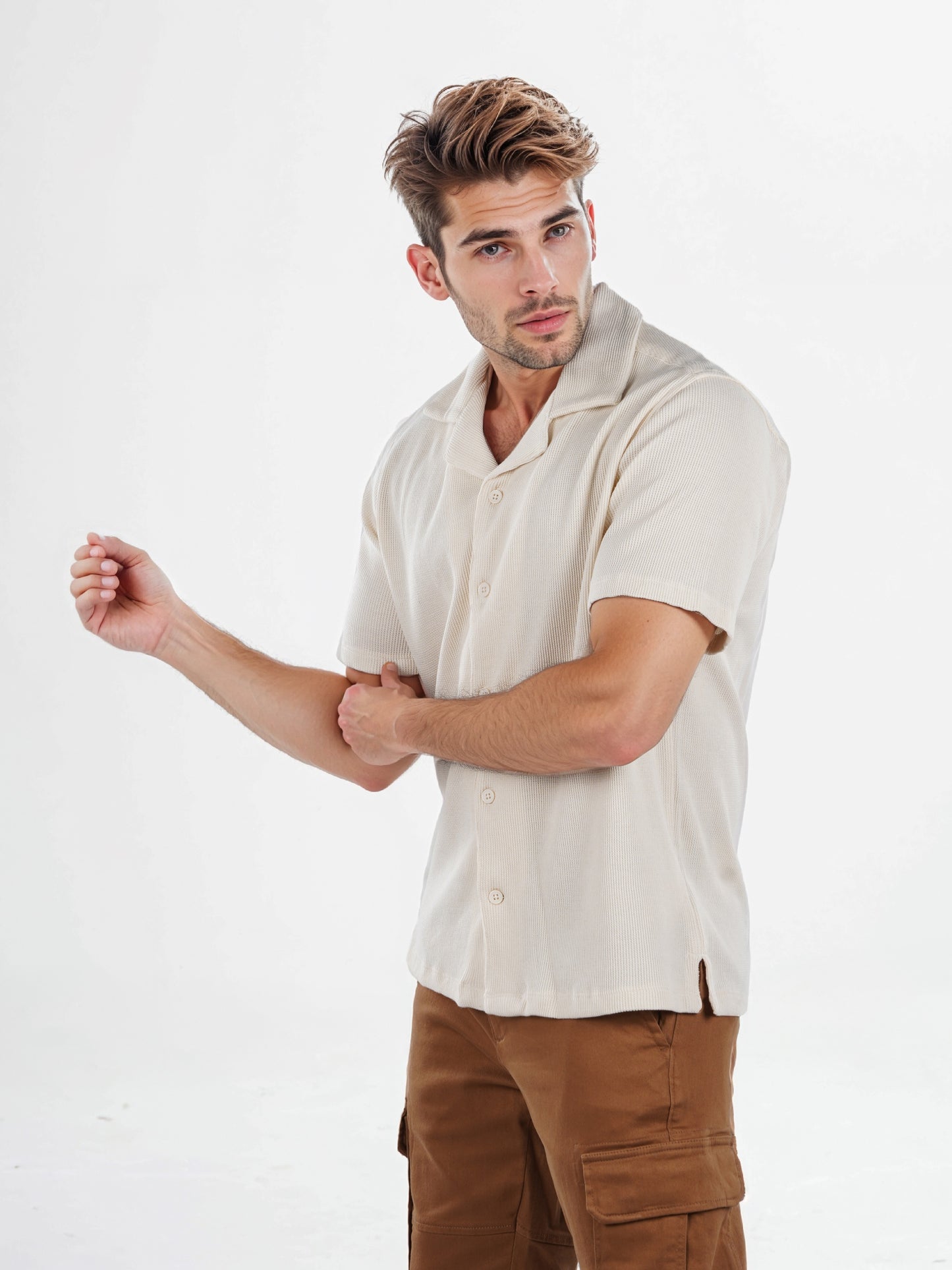 Celio* Solid Regular Fit Cotton Off White Shirt