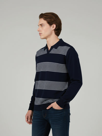 Celio* Men Navy Blue Striped Regular Fit Cotton T-Shirts