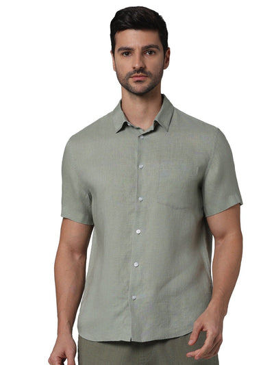 Celio* Solid Regular Fit Linen Green Shirt