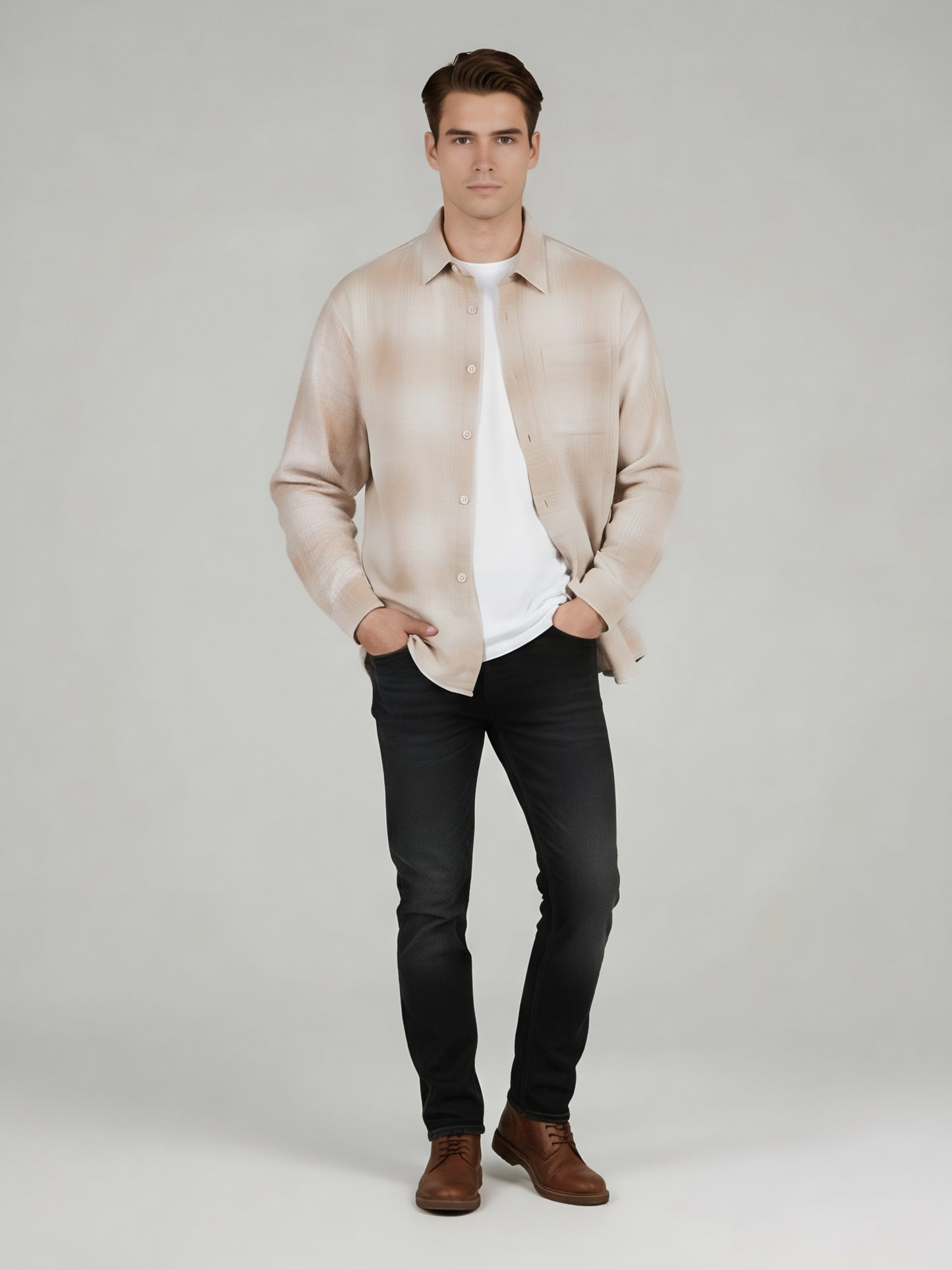 Celio* Men Beige Checked Relaxed Fit Cotton Shirts