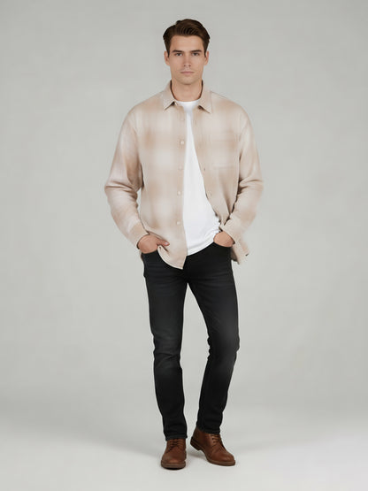Celio* Men Beige Checked Relaxed Fit Cotton Shirts