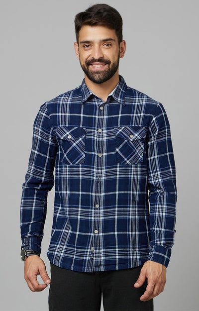 Celio Men Blue Checked Regular Fit Cotton Shirts