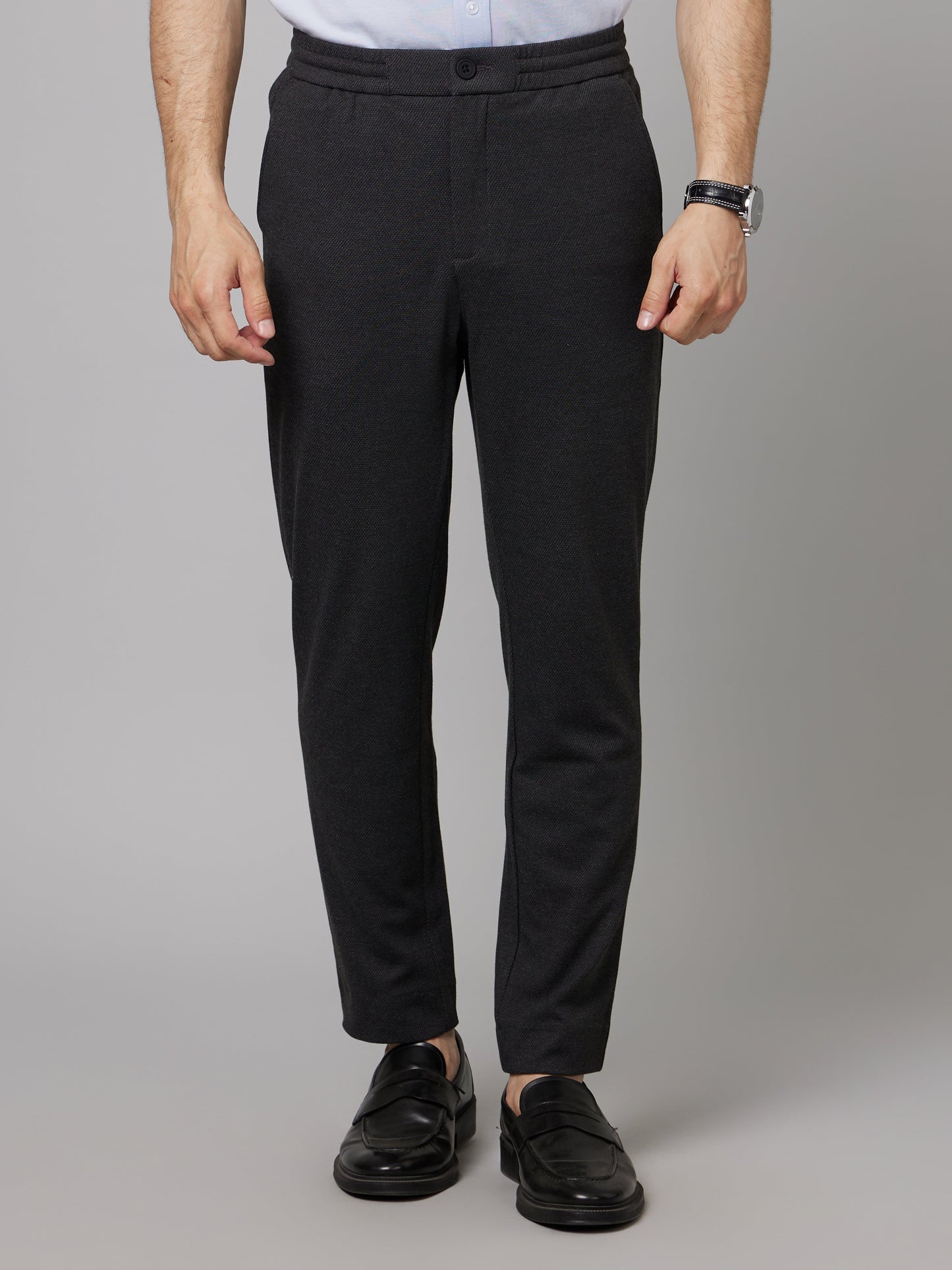Celio* Men Black Solid Slim Fit Viscose-Blend Trousers