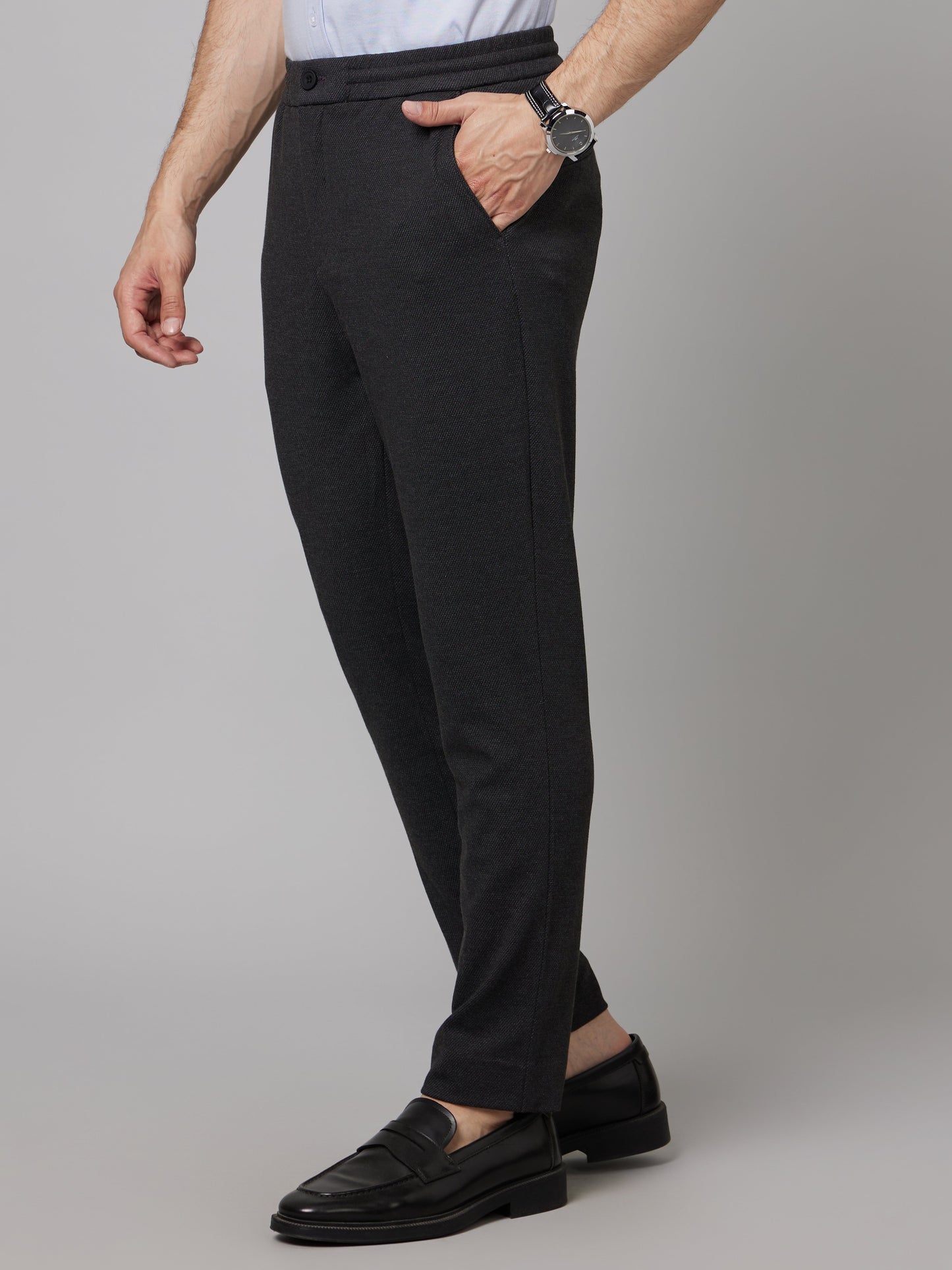 Celio* Men Black Solid Slim Fit Viscose-Blend Trousers