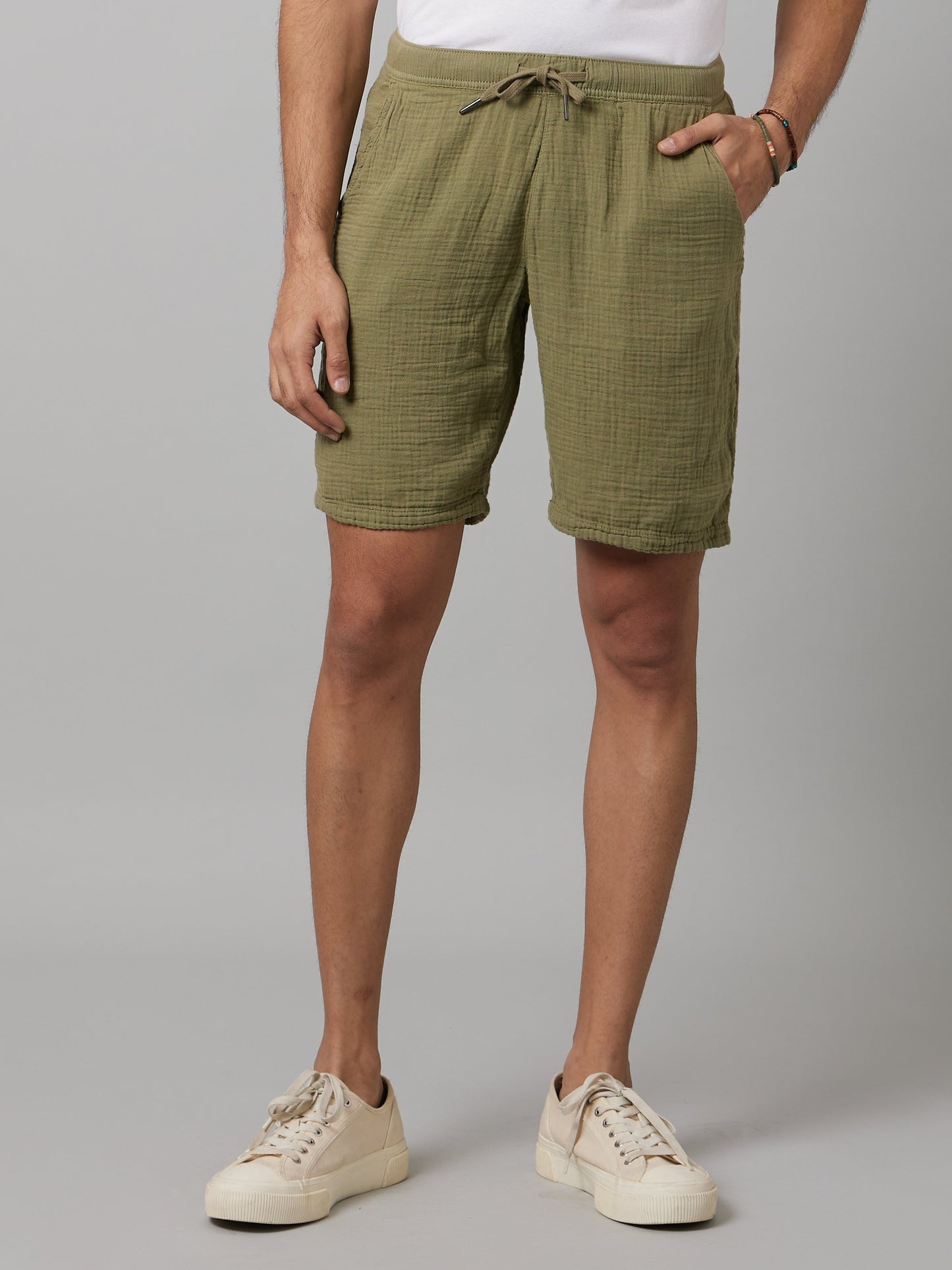 Celio* Men Olive Solid Regular Fit Cotton Shorts