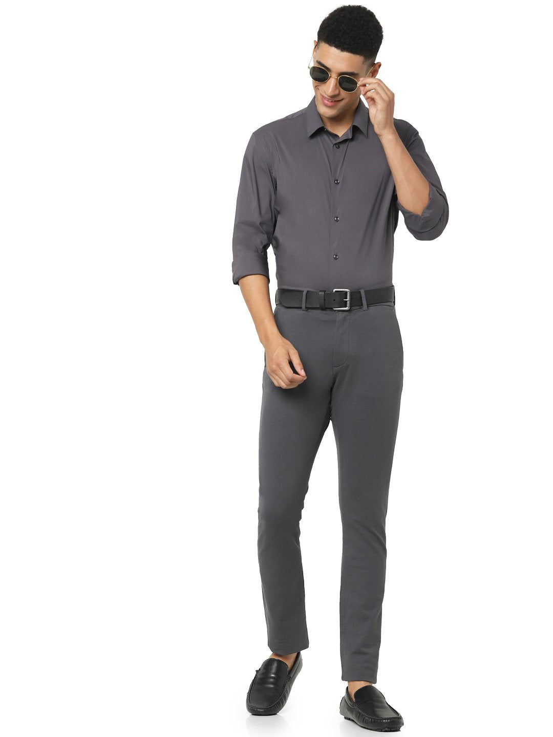 Celio* Men Grey Solid Slim Fit Cotton-Blend Trousers