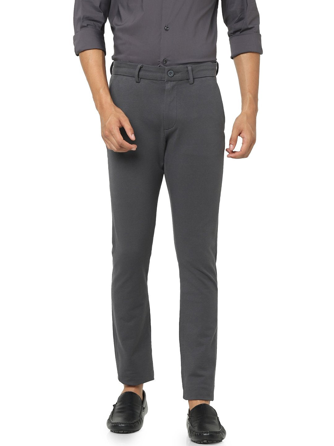 Celio* Men Grey Solid Slim Fit Cotton-Blend Trousers