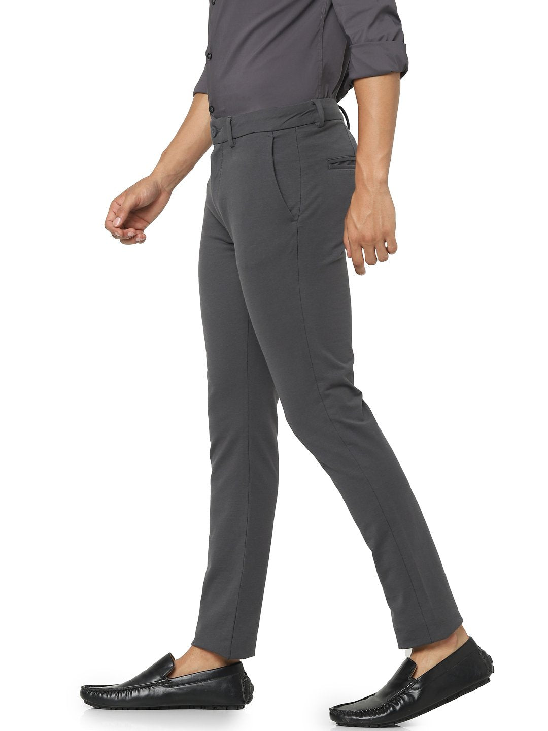 Celio* Men Grey Solid Slim Fit Cotton-Blend Trousers