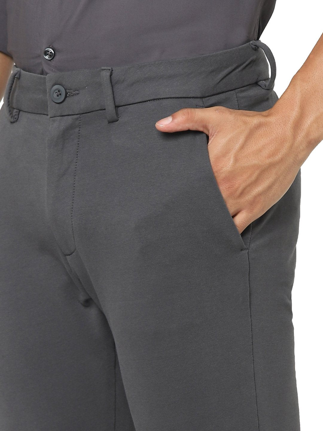 Celio* Men Grey Solid Slim Fit Cotton-Blend Trousers