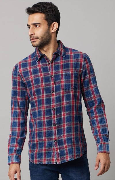 Celio Men Blue Checked Regular Fit Cotton Shirts