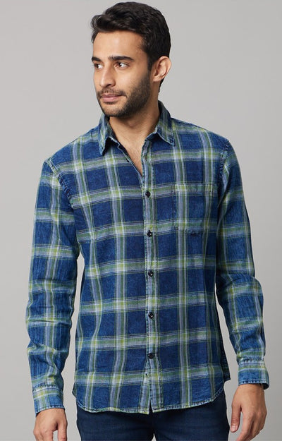 Celio Men Blue Checked Regular Fit Cotton Shirts