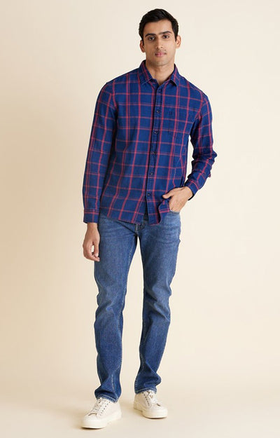 Celio Men Blue Checked Regular Fit Cotton Shirts