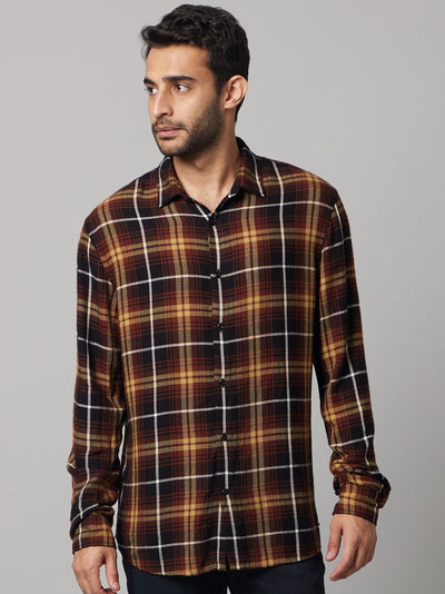 Celio Men Brown Checked Regular Fit Viscose Shirts