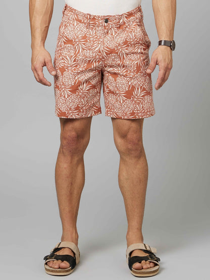 Celio Men Orange Printed Regular Fit Cotton-Blend Shorts
