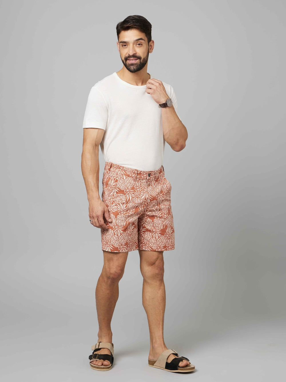 Celio* Men Orange Printed Regular Fit Cotton-Blend Shorts