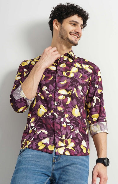 Celio Men Purple Printed Regular Fit Cotton Shirts